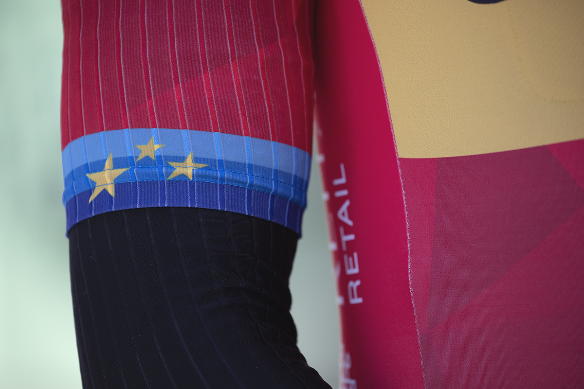 Tour of Britain 2025 - A close up of the former European Champion’s bands on Alexander Kristoff’s jersey