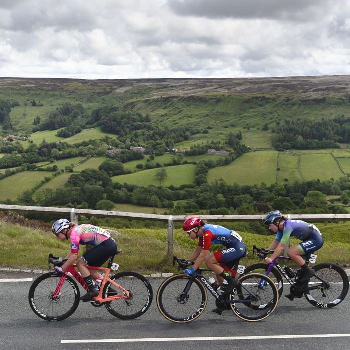 Tour of Britain Women’s 2025 - Stage 1 - Blakey Ridge a small group of riders with stunning Yorkshire scenery as a backdrop