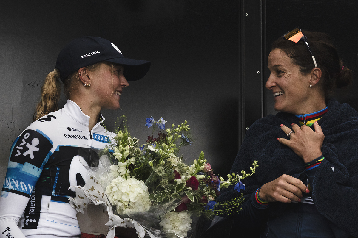 Tour of Britain Women’s 2025 - Stage 3 - Yorkshirewomen Cat Ferguson & Lizzie Deignan behind the stage at the end of the race