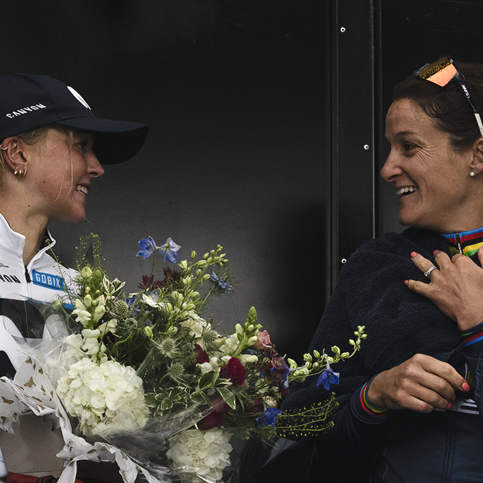 Tour of Britain Women’s 2025 - Stage 3 - Yorkshirewomen Cat Ferguson & Lizzie Deignan behind the stage at the end of the race