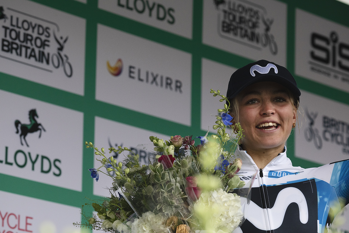 Tour of Britain Women’s 2025 - Stage 3 - Cat Ferguson with a bouquet of flowers following her stage victory