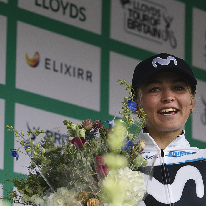 Tour of Britain Women’s 2025 - Stage 3 - Cat Ferguson with a bouquet of flowers following her stage victory