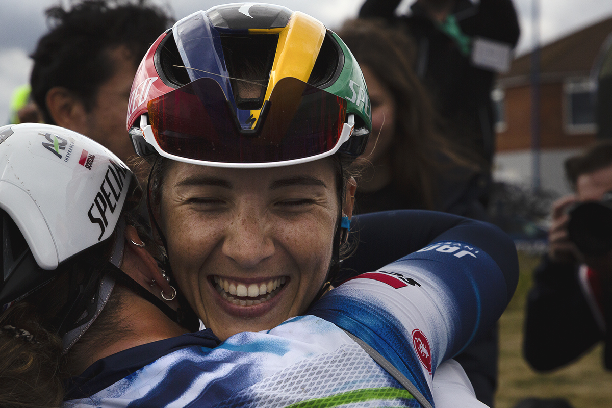 Tour of Britain Women’s 2025 - Stage 1 - Kimberley Le Court Pienaar is hugged by one of her team mates following her stage victory