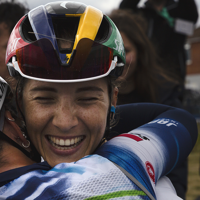 Tour of Britain Women’s 2025 - Stage 1 - Kimberley Le Court Pienaar is hugged by one of her team mates following her stage victory