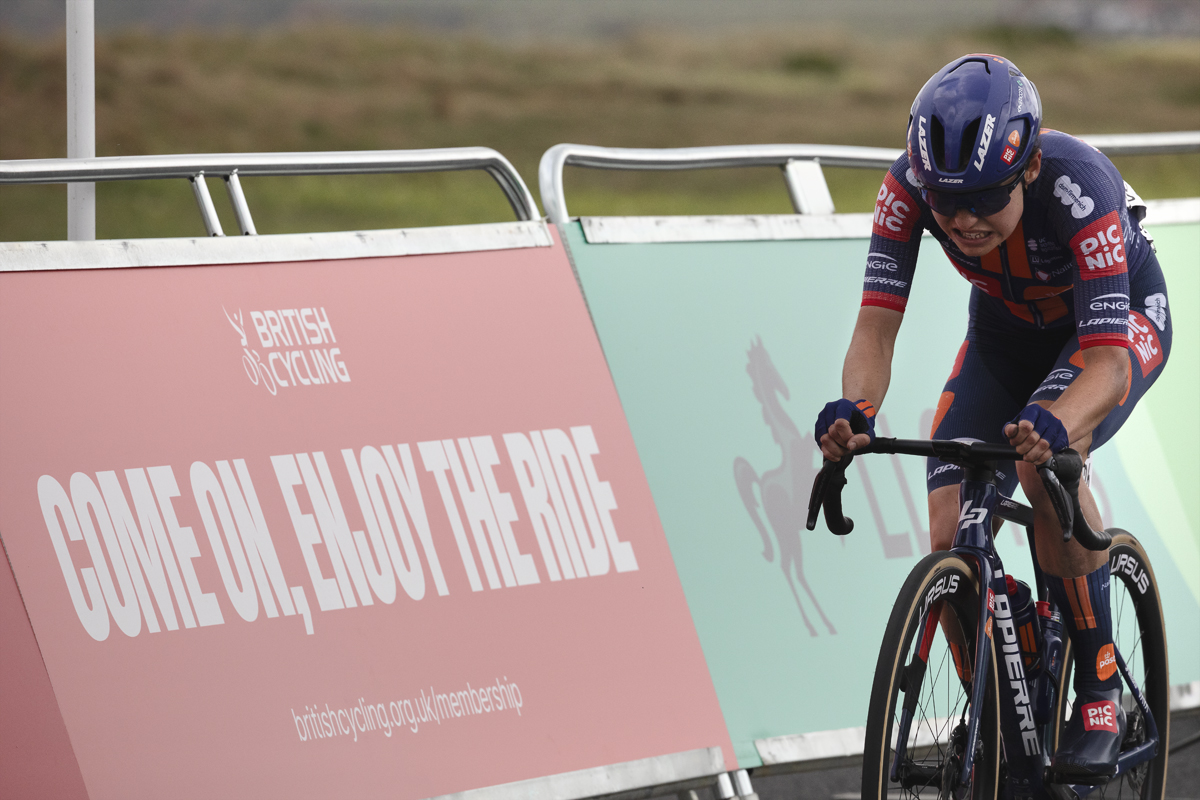 Tour of Britain Women’s 2025 - Stage 1 - Mara Roldan passes British Cycling hoardings