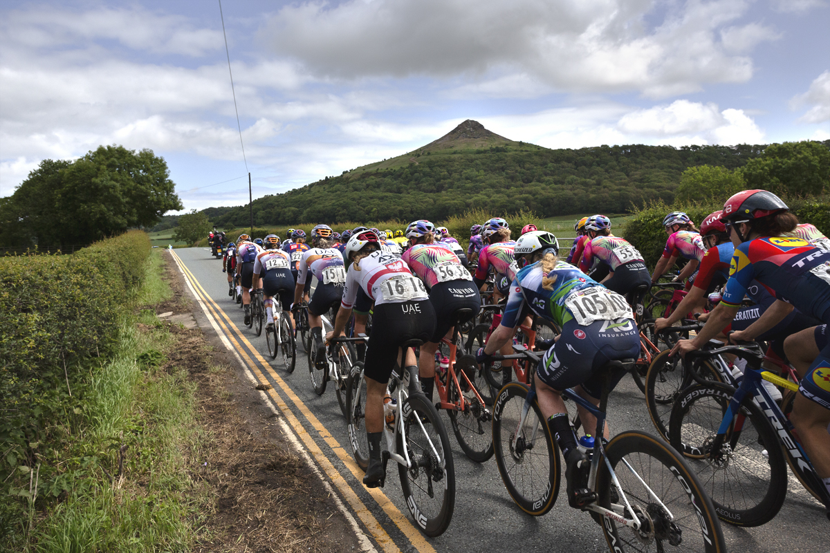 Tour of Britain Women’s 2025 - Stage 2 - The peloton passes by the singular hill of Roseberry Topping