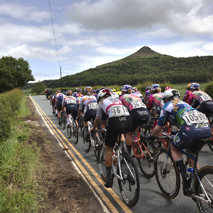 Tour of Britain Women’s 2025 - Stage 2 - The peloton passes by the singular hill of Roseberry Topping