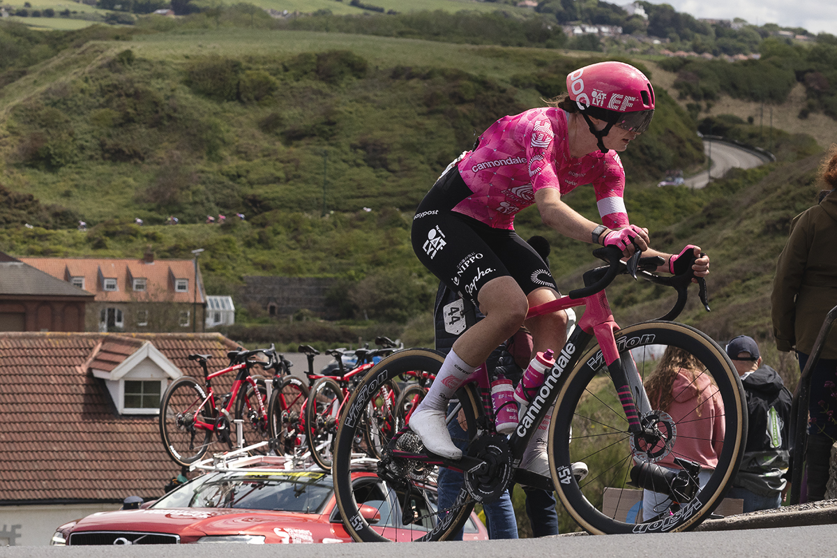 Tour of Britain Women’s 2025 - Stage 2 - Nina Berton is followed by a team car as she takes on the climb at Saltburn-by-the-Sea