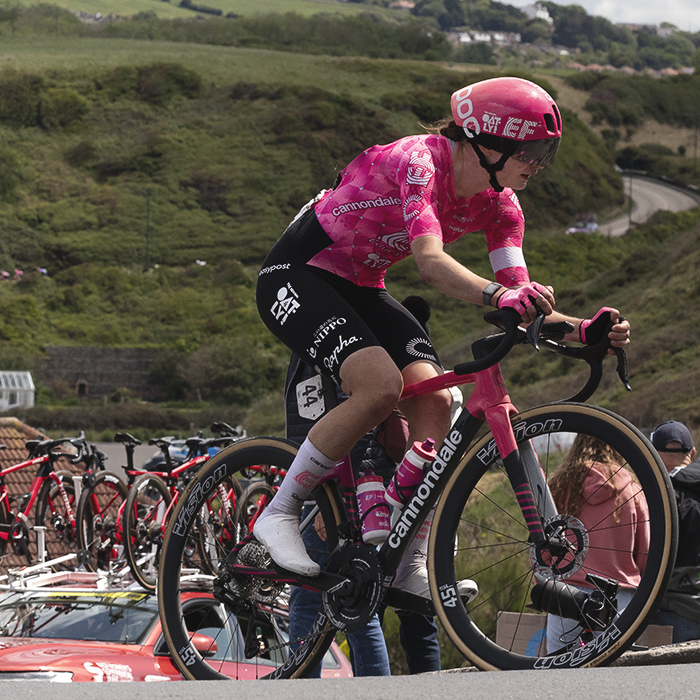 Tour of Britain Women’s 2025 - Stage 2 - Nina Berton is followed by a team car as she takes on the climb at Saltburn-by-the-Sea