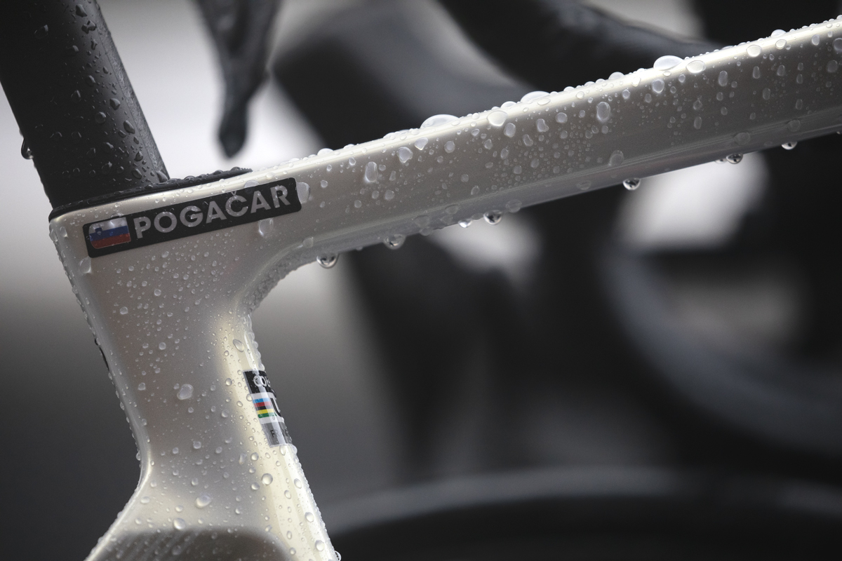 Tre Valli Varesine 2024 - Close up of the name of the world champion Pogačar on his bike