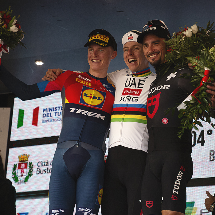 Tre Valli Varesine 2025 - Tadej Pogačar, Julian Alaphilippe and Albert Withen Philipsen on the podium