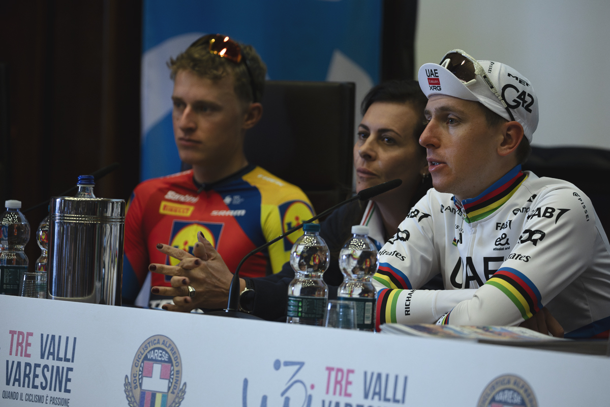 Tre Valli Varesine 2025 - Tadej Pogačar answers questions from the press at the end of the race