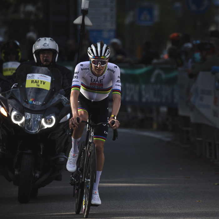 Tre Valli Varesine 2025 - Tadej Pogačar is followed closely by a TV motorbike
