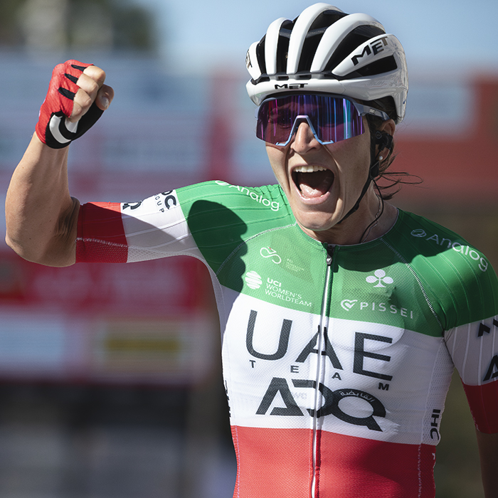 Tre Valli Varesine Women’s Race 2025 - Elisa Longo Borghini raises her fist and shouts in victory