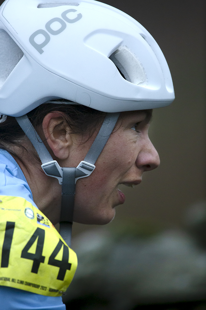 UK National Hill Climb Championships 2023 - A close up of Esther Livsey as she looks upwards towards the final section of the climb