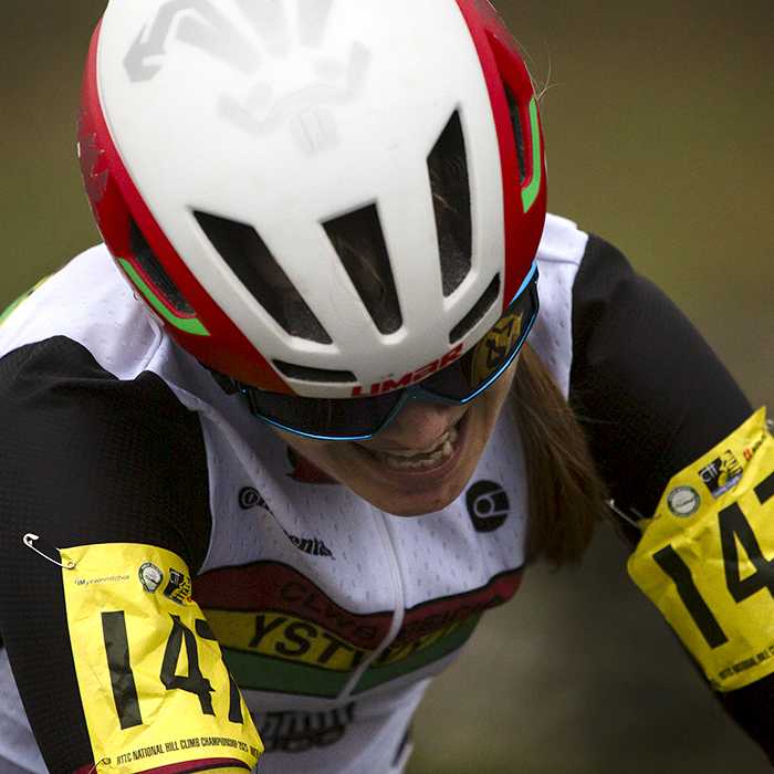UK National Hill Climb Championships 2023 - A close up of Leah Brewer as she grimaces with effort on the climb