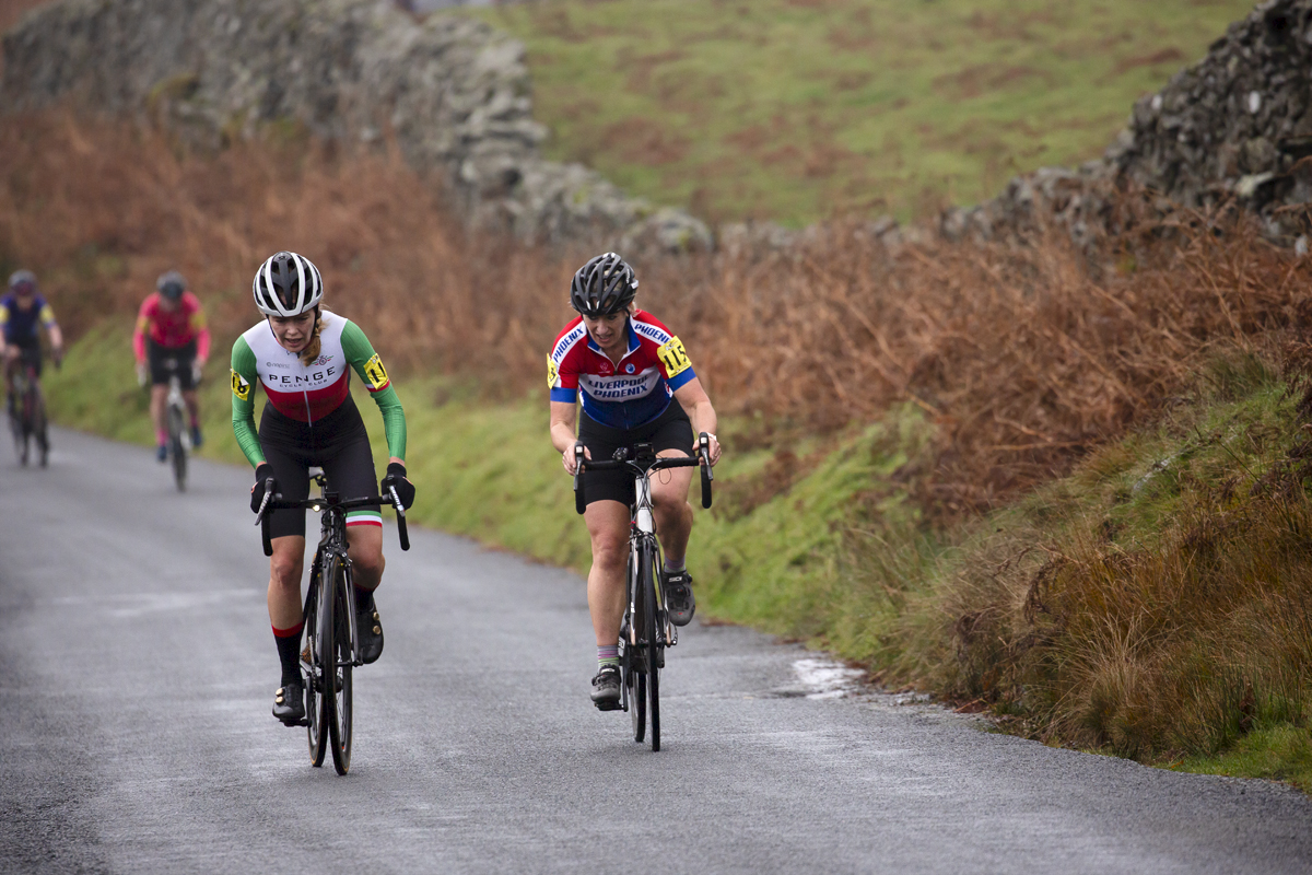 UK National Hill Climb Championships 2023 - Wendy Mathie & Louise Johnson show effort on their faces as they climb The Struggle