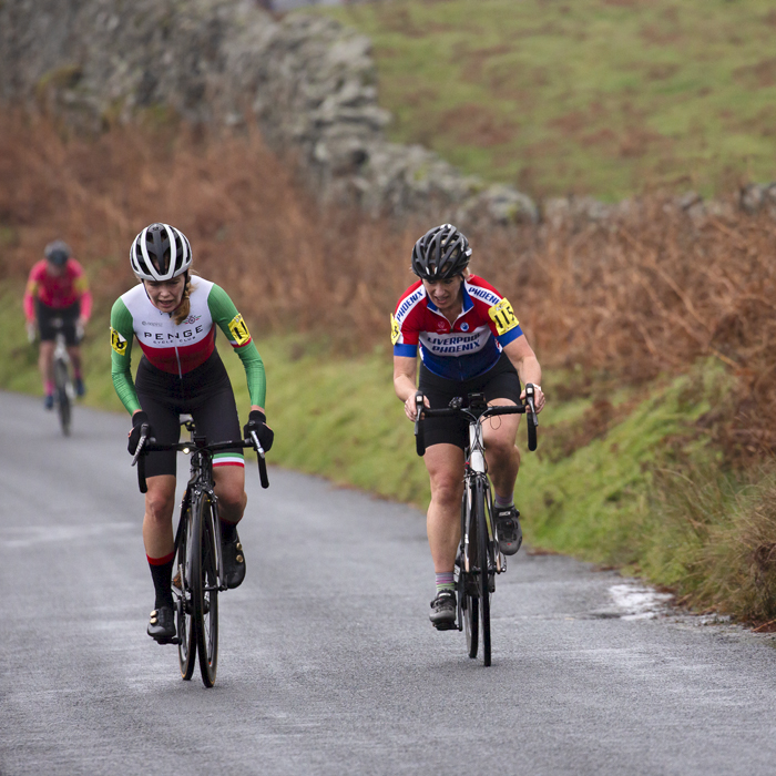 UK National Hill Climb Championships 2023 - Wendy Mathie & Louise Johnson show effort on their faces as they climb The Struggle